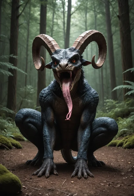 score_9,
rating_safe,
horrific
scaly
hybrid creature,
squat,
matted fur
,long tongue
,twisted horns
,
,
dark forest,
crouching,
cinematic lighting, dusk,
detailed realistic photo <lora:zavy-cntrst-sdxl:0.7>