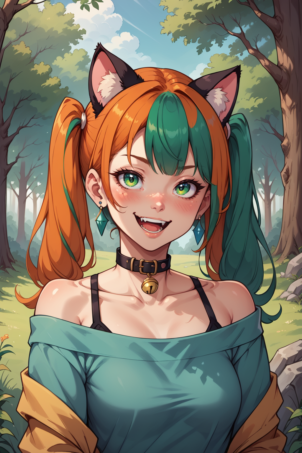 1girl, :d, animal ears, animal print, bare shoulders, blush, cat ears, choker, collar, earrings, forest, green eyes, green hair, jewelry, long hair, looking at viewer, multicolored hair, nature, off shoulder, off-shoulder shirt, open mouth, orange hair, outdoors, shirt, smile, solo, streaked hair, teeth, tree, twintails, upper body, dspdxslme, zPDXL, <lora:NijiSlimePDXL:0.5>