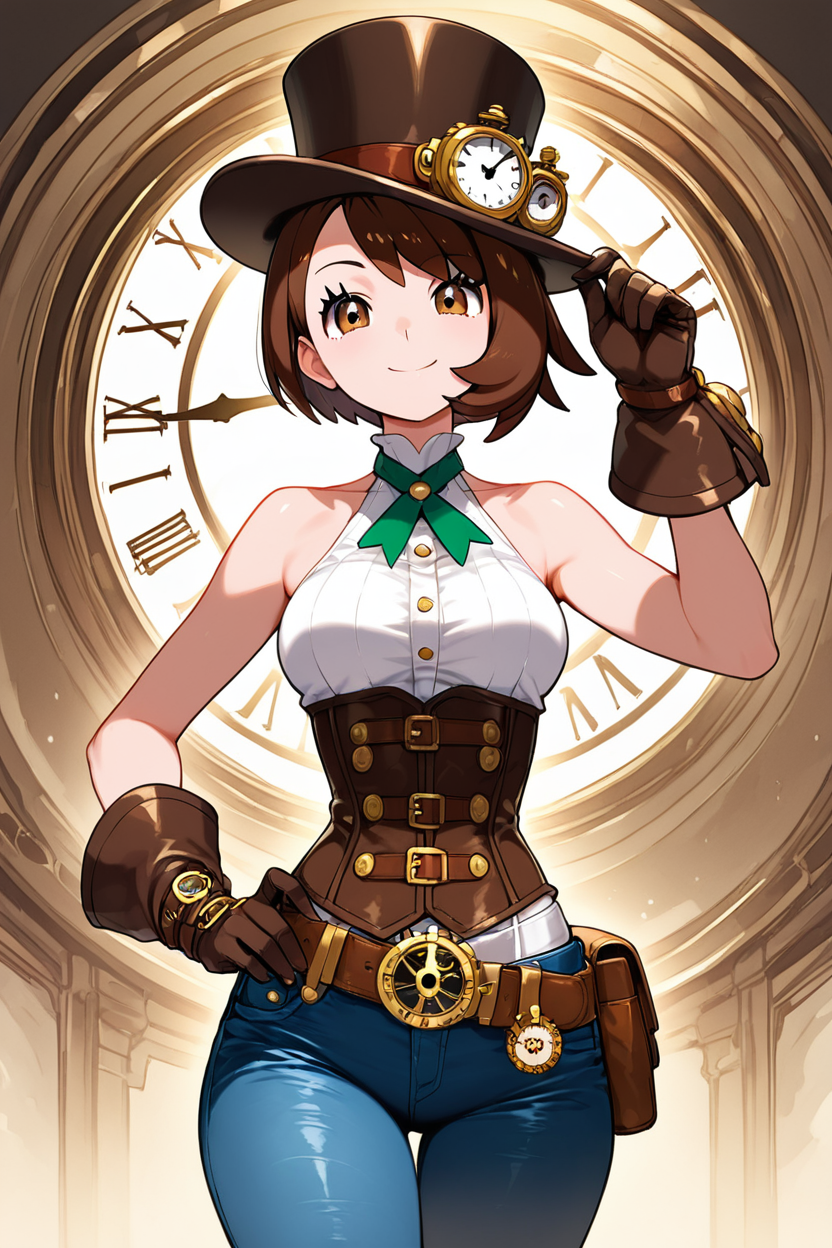 score_9, score_8_up, score_8, medium breasts, (curvy), cute, eyelashes,      ,,,  zzGloriaSPCitron, brown_eyes, brown_hair, short_hair, top_hat, steampunk, clock_on_belt, corset, bare_shoulders, big_gloves, tight_blue_jeans, white_halterneck, green_ribbon, goggles, brass_gear_details, vintage_pockets, leather_belt, steam_pipes, cogwheel, mechanical_accessories, airship_background, clouds, sepia_tones, dramatic_lighting, hand_on_hip, tilting_hat, confident_expression, adventurous_pose, windblown_hair, steampunk_fashion, industrial_elements,  <lora:GloriaSteampunkPDXL:1.0>,   ,,, smile, looking at viewer,  ,,, embedding:zPDXL, Expressiveh, <lora:SDXLFaeTastic2400:0.5>,  <lora:Expressive_H-000001:0.4>,