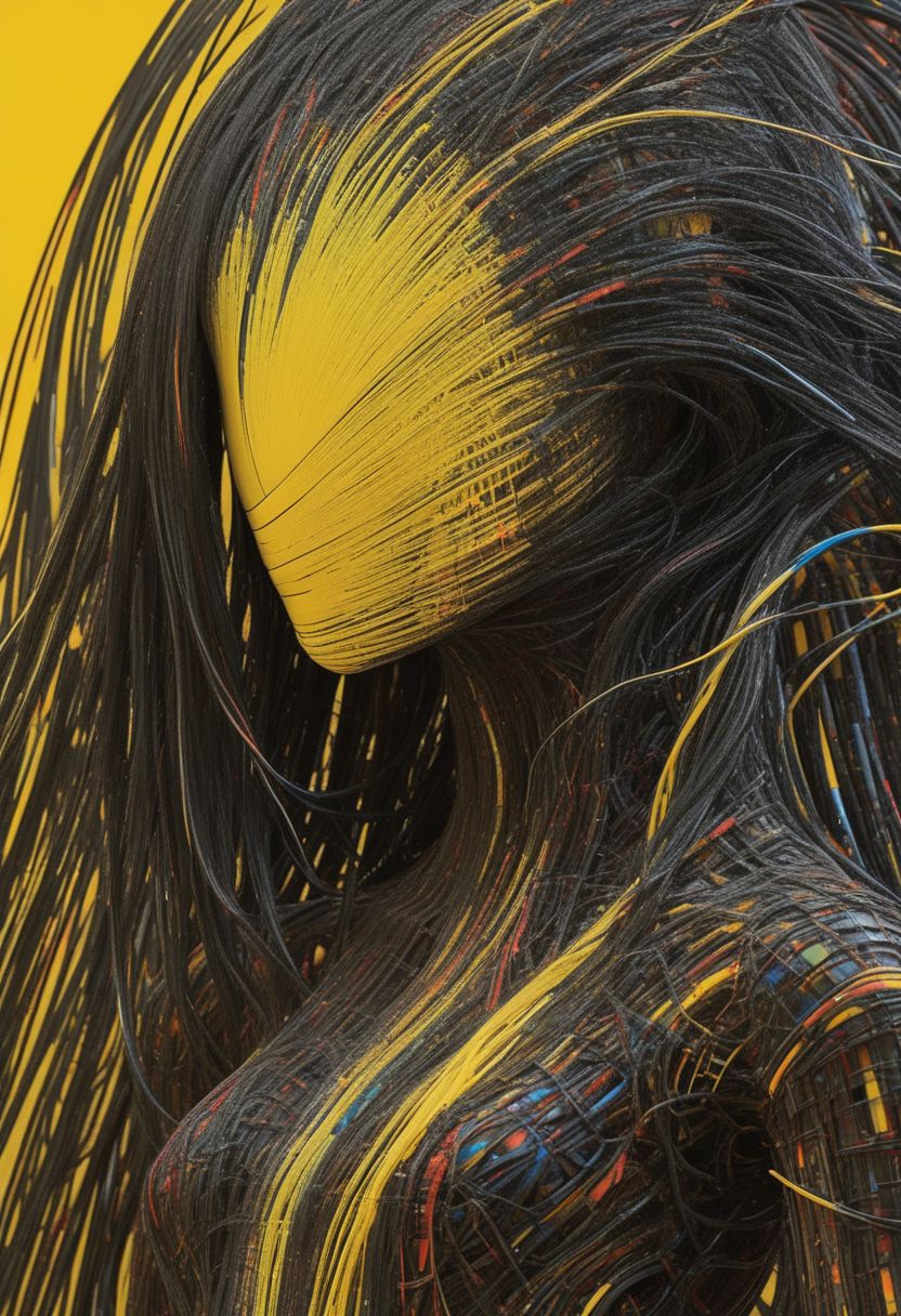 Bw-grignani, Closeup Portrait, An Abstract surreal n Abstract surreal colorful simple painted newage cyborg spacegirl with long vibrant hair throughout the frame, high collar, blushed smiling, yellow-black Blood fountain in Outer space, made of lines, vertical lines, horizontal lines, Portrait Made of intertwining lines, weaving over and under each other throughout the frame, emphasis effect, moire effect, awash in colorful shades, seamlessly extends the lines,