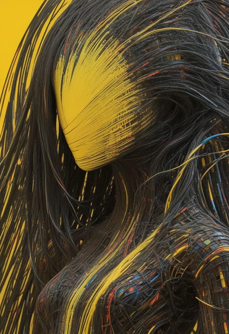Bw-grignani, Closeup Portrait, An Abstract surreal n Abstract surreal colorful simple painted newage cyborg spacegirl with long vibrant hair throughout the frame, high collar, blushed smiling, yellow-black Blood fountain in Outer space, made of lines, vertical lines, horizontal lines, Portrait Made of intertwining lines, weaving over and under each other throughout the frame, emphasis effect, moire effect, awash in colorful shades, seamlessly extends the lines,