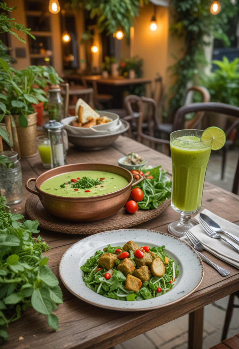 (medium full shot) of (rich delicious meal) served in a Garden Party setting style, featuring a bright green spicy curry, fresh green salad,  refreshing mocktail, served with a sprinkle of fresh herbs, set in  a quaint cafe, with vintage decor, cozy seating, soft lighting, a charming ambiance, during a cozy evening, Masterpiece,best quality, photo, realistic, very aesthetic