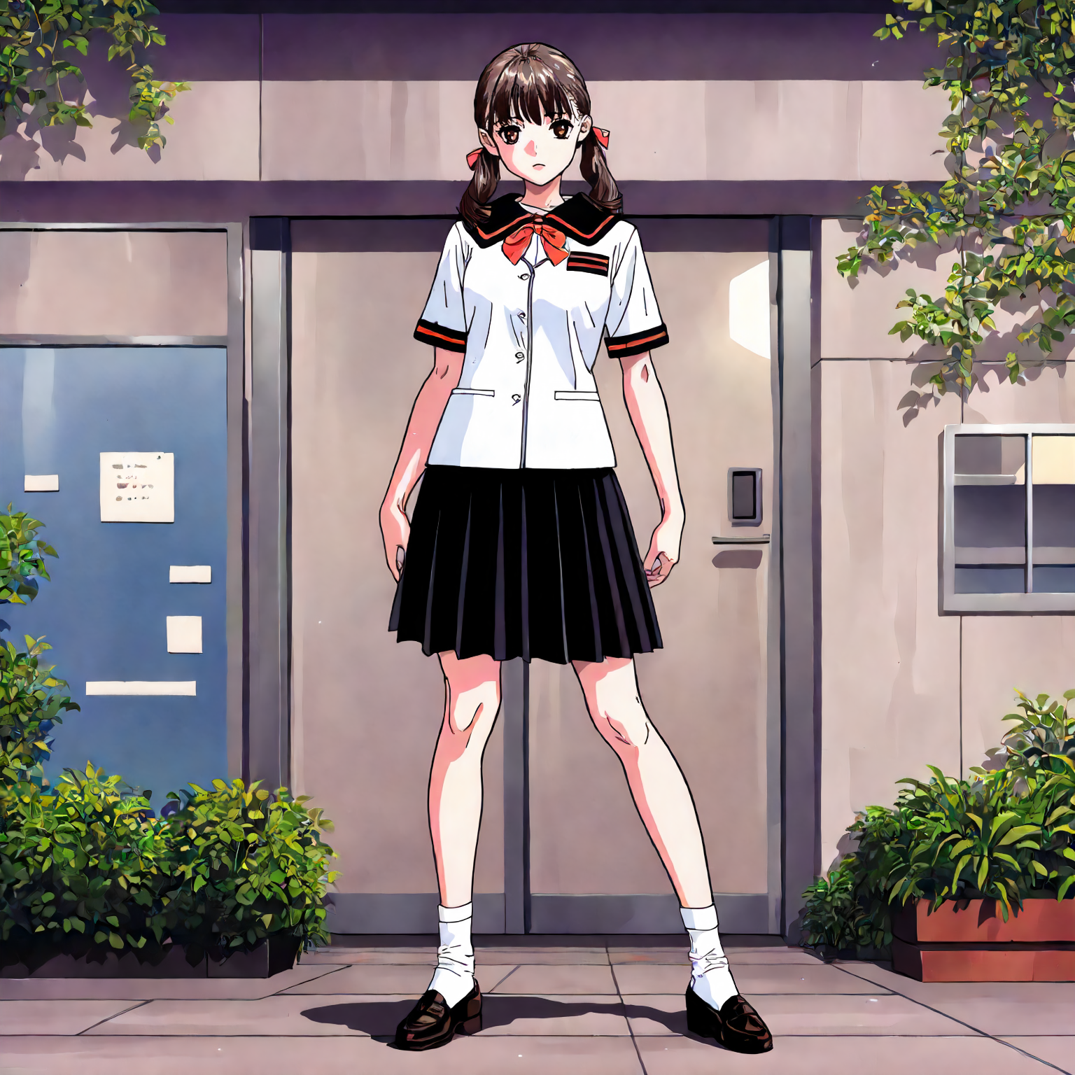 <lora:YS_AyanaFujisawaXLIllustrious004>,
masterpiece,best quality,good quality,newest,
detailed background,
looking at viewer,
solo,
AyanaFujisawa,1girl,brown hair,low twintails,brown eyes,
black sailor color,white shirt,short_sleeves,bowtie,
pleated_skirt,black skirt,
white socks,loafers,
standing,