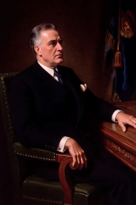 frankowensalisbury1 painting.
President Franklin D. Roosevelt, formally dressed, is seated in an ornate chair, leaning slightly forward. He is wearing a dark suit with a white shirt and a tie. He has one hand resting on the armrest and the other resting on the desk on the right. In the background, there is a richly decorated curtain with tassels and a shield-like emblem. <lora:frankowensalisbury1_cap_d8a4:1.0><lora:863241337816756588:0>