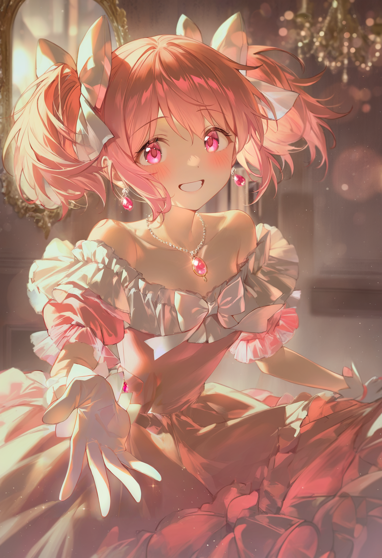 m1j1sty111, masterpiece, best quality, newest, absurdres, highres, kaname madoka, solo, ballroom, chandelier, mirror, pink dress, gloves, frills, gold theme, pink eyes, offering hand, pov, bloom, light rays, sparkles, smiling, victorian, (close-up:1.4), bokeh, blurry, soft lighting, short sleeves, puffy sleeves, off shoulder, collarbone, bare shoulders, gem necklace, gemm earrings, white bow, hair bow, blush, excited, small breasts, 
<lora:artist_blackmeow_mijiblack_vpred:1>