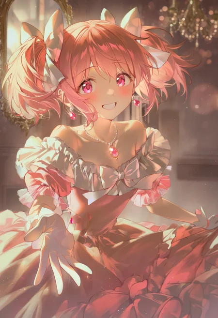 m1j1sty111, masterpiece, best quality, newest, absurdres, highres, kaname madoka, solo, ballroom, chandelier, mirror, pink dress, gloves, frills, gold theme, pink eyes, offering hand, pov, bloom, light rays, sparkles, smiling, victorian, (close-up:1.4), bokeh, blurry, soft lighting, short sleeves, puffy sleeves, off shoulder, collarbone, bare shoulders, gem necklace, gemm earrings, white bow, hair bow, blush, excited, small breasts,
<lora:artist_blackmeow_mijiblack_vpred:1>