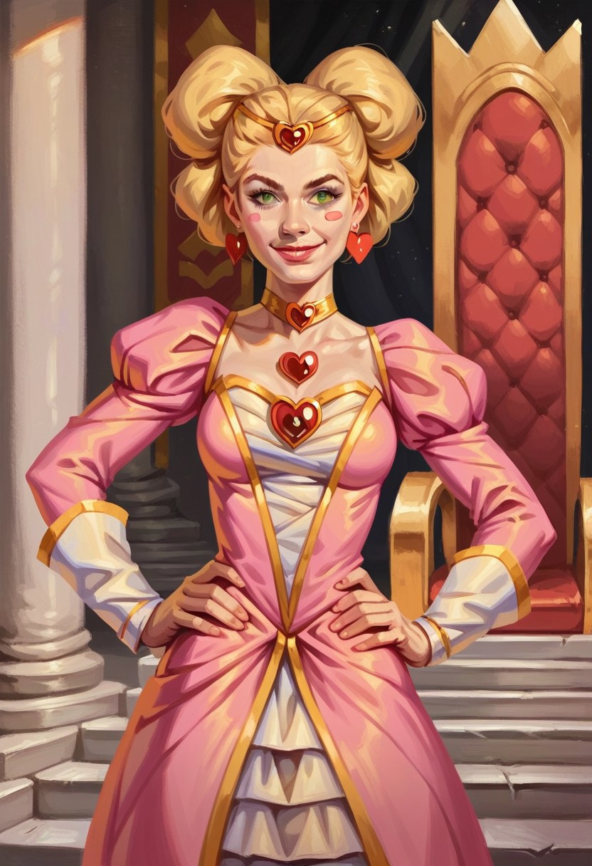 Score_9_up, score_8_up, score_7_up, score_6_up, 1girl, solo, Duchess_B_MSK, blonde hair, gold choker, green eyes, pink dress, heart earrings, heart brooch, blush stickers, gold circlet, smile, standing proudly, indoors, throne room, hands on hips, adult, (realistic, painted art)