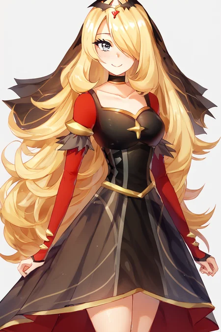 score_9, score_8_up, score_8, medium breasts, (curvy), cute, eyelashes, BREAK, , ,,, zzCynthiaRenegade, grey eyes, long hair, blonde hair, hair over one eye, hair ornament, official alternate costume, black dress, black choker, veil, tiara, collarbone, <lora:CynthiaRenegade_Pokemon_PDXL:1.0>, ,,, , BREAK, smile, closed mouth, looking at viewer, cowboy shot, ,,, embedding:zPDXL, Expressiveh, ,,, <lora:Puppypaww_Style_PDXL_v2:0.8>, <lora:SDXLFaeTastic2400:0.5>, <lora:Expressive_H-000001:0.4>,