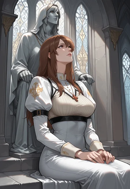masterpiece, best quality, detailed, realistic, cowboy shot, looking up, 1girl, solo, kyriedmc, brown hair, long hair, brown eyes, dress, juliet sleeves, necklace, sitting, church, statues,