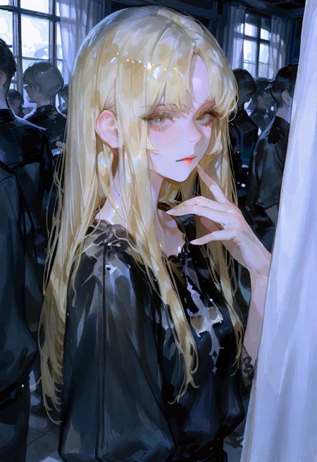 masterpiece, absurdres, newest, best quality, amazing quality, very aesthetic, 1girl, (blonde, long hair), detailed eyes, detailed face, {{adult}}, {30 years old girl}, cool, pretty, female model face, muted colors, {{beautiful detailed face}}, curtain bangs, parted bangs, wispy bangs, semi-realistic, watercolor on paper, {{aesthetic}}, {{{best quality}}}, stunning, perfect body, looking at viewer, {{wide angle}}, highly textured, at funeral, standing, background of people, {{detailed background}}, highly detailed, fingernails, (masterpiece, detailed:1.2), 96yottea, 748cmstyle, usnr, black shirt, gbf_style, dark moody lighting, detailed hands, detailed fingers, upper body