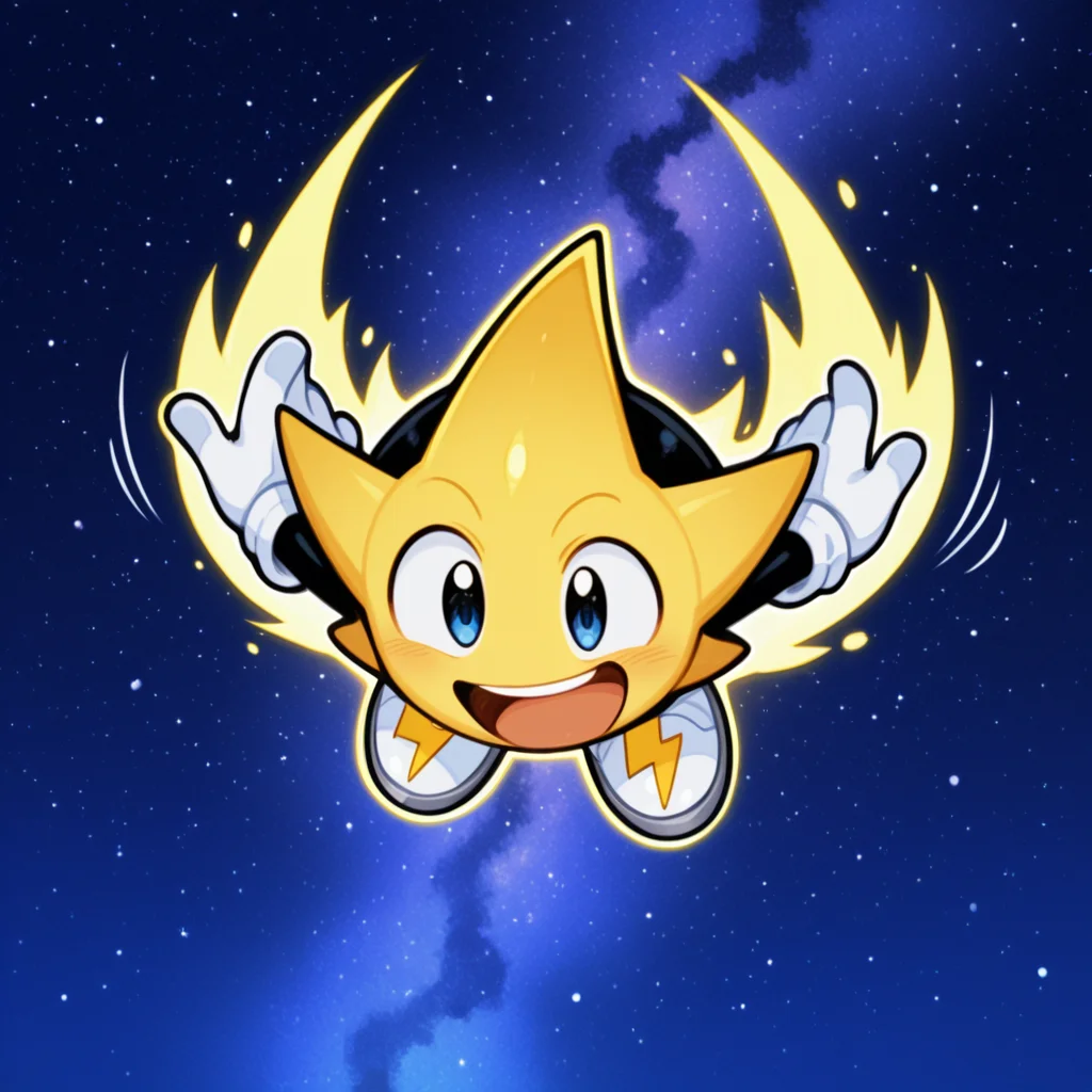 score_9, score_8_up, score_7_up, score_6_up,masterpiece,highly detailed,simple colors,1boy,pov,ristar,facing viewer,white gloves,white shoes,white shoes,yellow lightning bolt logo on shoes,flying,stretchy arms,stars,nightsky,milky way,glowing:1.2,yellow aura,big aura,motion lines,laughing