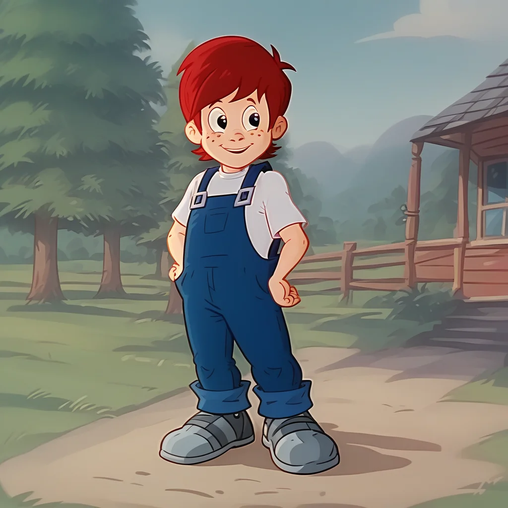 score_9_up, score_8_up, BREAK, ericTLETC, 1boy, red hair, freckles, black eyes, white shirt, blue overalls, gray footwear, <lora:Eric_The_Little_Engine_That_Could_-_1991:1>