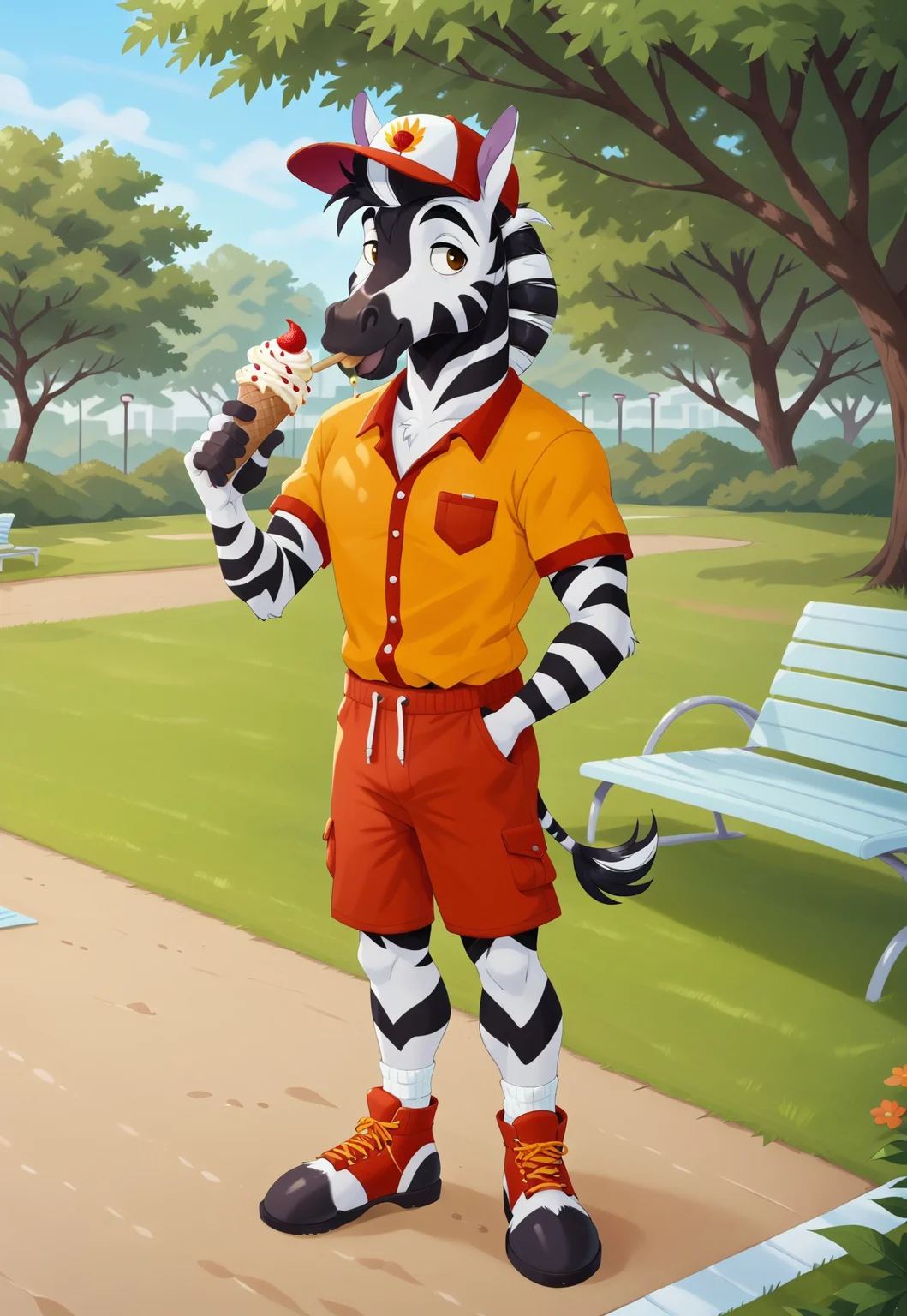 furry anthro zebra, bwu, ((Thurston)), (anthro zebra male), 1boy, solo, full body, outdoors, park, summer, smiling, eating ice cream, wearing summer outfit, sunglasses, baseball cap, looking to viewer, nice furry feet, horse like feet, toeless footwear