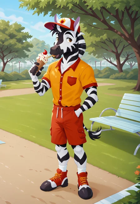 furry anthro zebra, bwu, ((Thurston)), (anthro zebra male), 1boy, solo, full body, outdoors, park, summer, smiling, eating ice cream, wearing summer outfit, sunglasses, baseball cap, looking to viewer, nice furry feet, horse like feet, toeless footwear