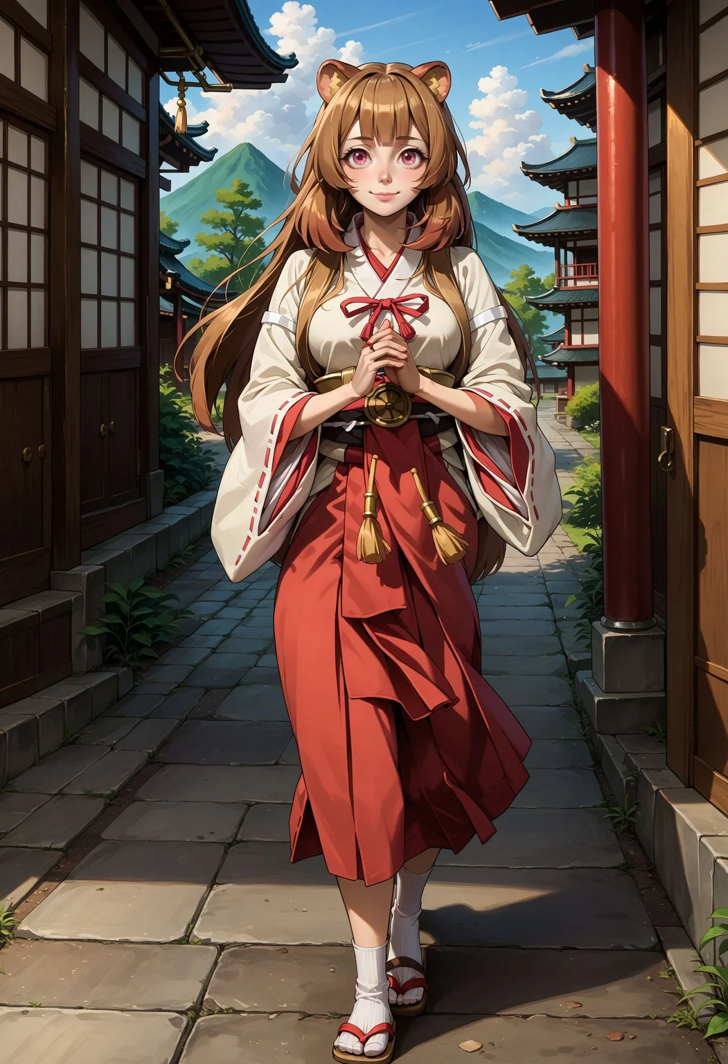 <lora:AERaphtalia:1> aeraphtaliamiko, brown footwear, brown hair, hair tubes,hip vent, japanese clothes, long sleeves, miko, pink eyes, raccoon ears, raccoon girl, raccoon tail, red hakama, hakama skirt, ribbon-trimmed sleeves, sandals, tabi, tassel, white kimono, wide sleeves, white socks, light smile, walking, wind, east asian architecture, own hands together, looking to the side, 1girl,, score_9, score_7_up, source_anime,