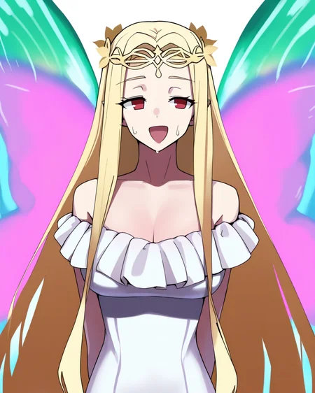 masterpiece, amazing quality, extreme aesthetic, 1girl, solo, straight-on, aurora\(fate\), aurora\\(fate\\)'s diadem, aurora\\(fate\\)'s gradient butterfly wings, aurora\\(fate\\)'s off-shoulder gown, arms behind back, open mouth, wmile, (looking to the side:1.1), (looking up:0.8), embarassed smile, sweat drop, simple background, white background, anime coloring, <lora:aurora-ilxl-000033:0.5>, <lora:Channel_(Caststation)Style_illustriousXL:1>