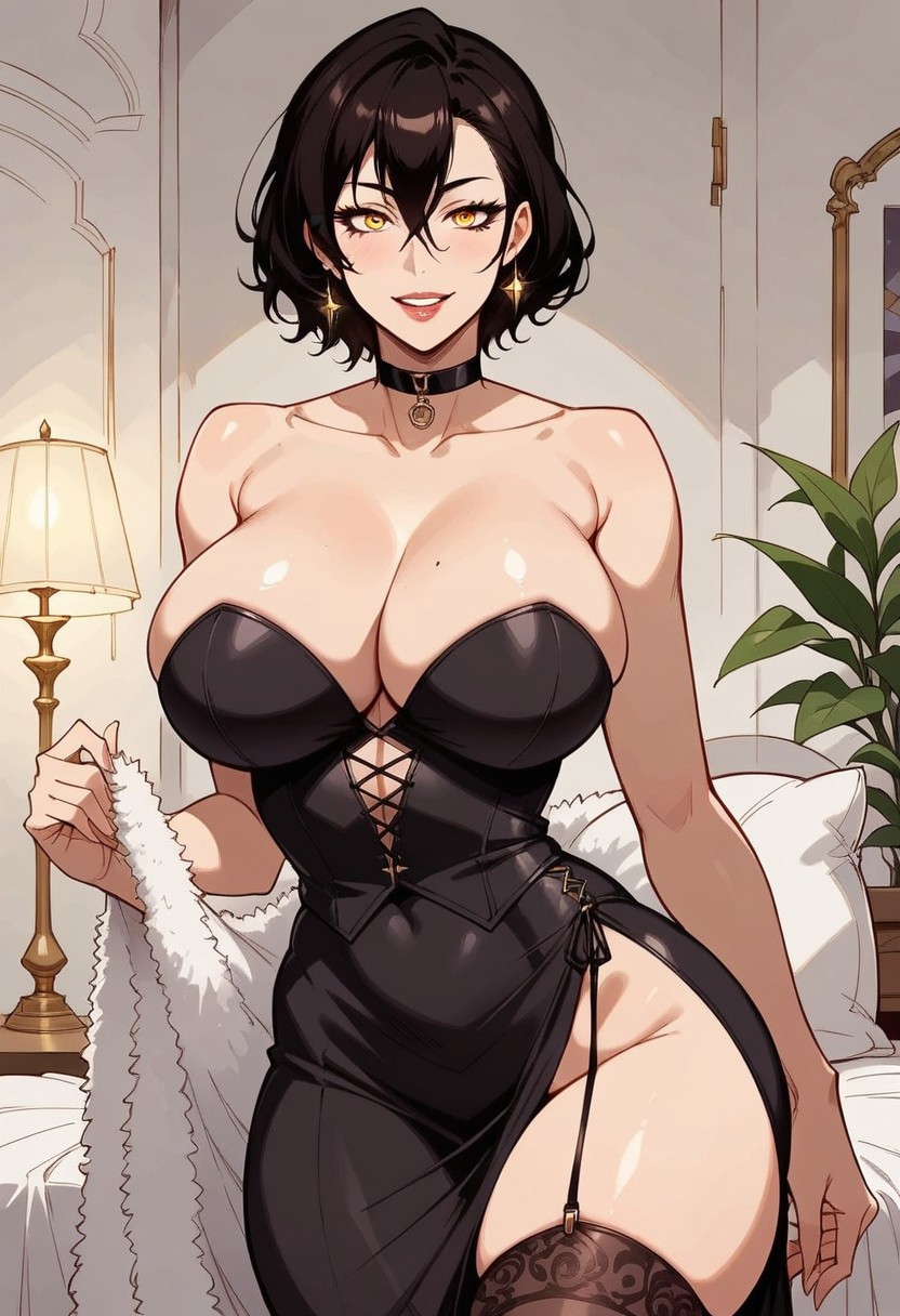 score_7_up, source_anime, (beautiful face, beautiful eyes, detailed eyes, detailed face:1.2),
1girl, solo, girl solo, slobber, hourglass shaped body, curvy figure,
front view, (black elegant dress with corset:1.3), heels, choker, stockings,
dynamic standing seductive pose, seductive pose, half body,lewd face, slutty a lot, lewd face, slutty a lot, horny eyes, smug, 
huge ass, huge tits, large ass,
beautiful anime face, detailed anime face,
(wide hips:1.3),
Tomoe Sukuba, black hair, short hair, hair between eyes, yellow eyes, large breasts, makeup, horny, lewd, slutty,