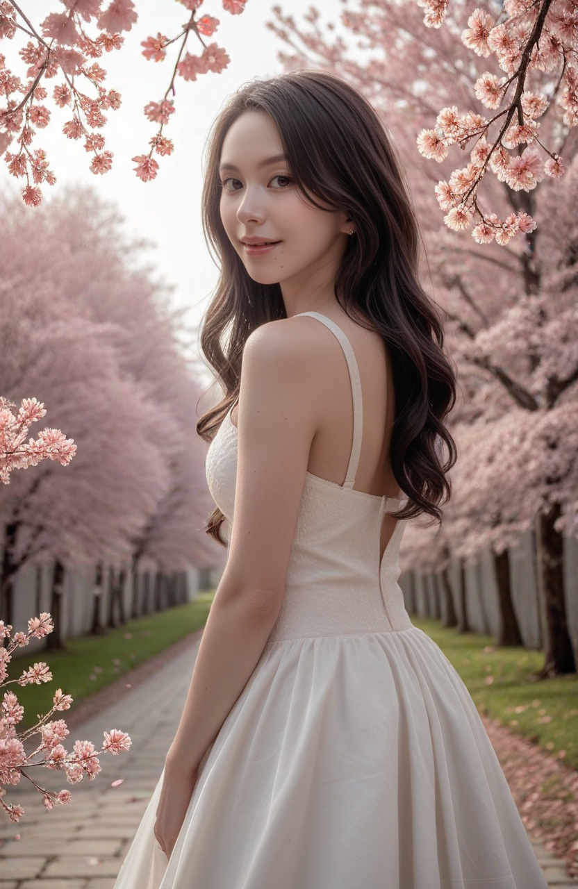 score_9,score_8_up,score_7_up,score_6_up,score_5_up,<lora:add_brightness_XL:-0.5>,<lora:add_contrast_XL:-0.9>,<lora:add_saturation_XL:-0.5>,<lora:add_sharpness_XL:0.5>,zPDXL3,SmoothQualityPony,<lora:Adjust_details_v6.0_PONY:0.3>,<lora:Add_Details_v1.2:0.5>,<lora:Pony Realism Slider:0.5>,<lora:spo_sdxl_10ep_4k-data_lora_webui:1.8>,<lora:BackgroundDetailerV3:0.3>,intricate detail,high quality,best quality,8k,masterpiece,(realistic:1.2),photorealistic,photo (medium),pureerosface_xl,expressive face,<lora:Expressive_H:0.8>,(Expressiveh:1.3),
BREAK 1girl,<lora:JCAI_kpop06_unreal:1>,2icech439,female,korean,asian,k-pop,black eyes,mole under mouth,1girl,solo,alone,realistic,(looking at viewer:1.1),cherry tree background,leaf falling down,pink leaves,long dress,casual dress,pure,smile,turning,back view,looking back,direct view,