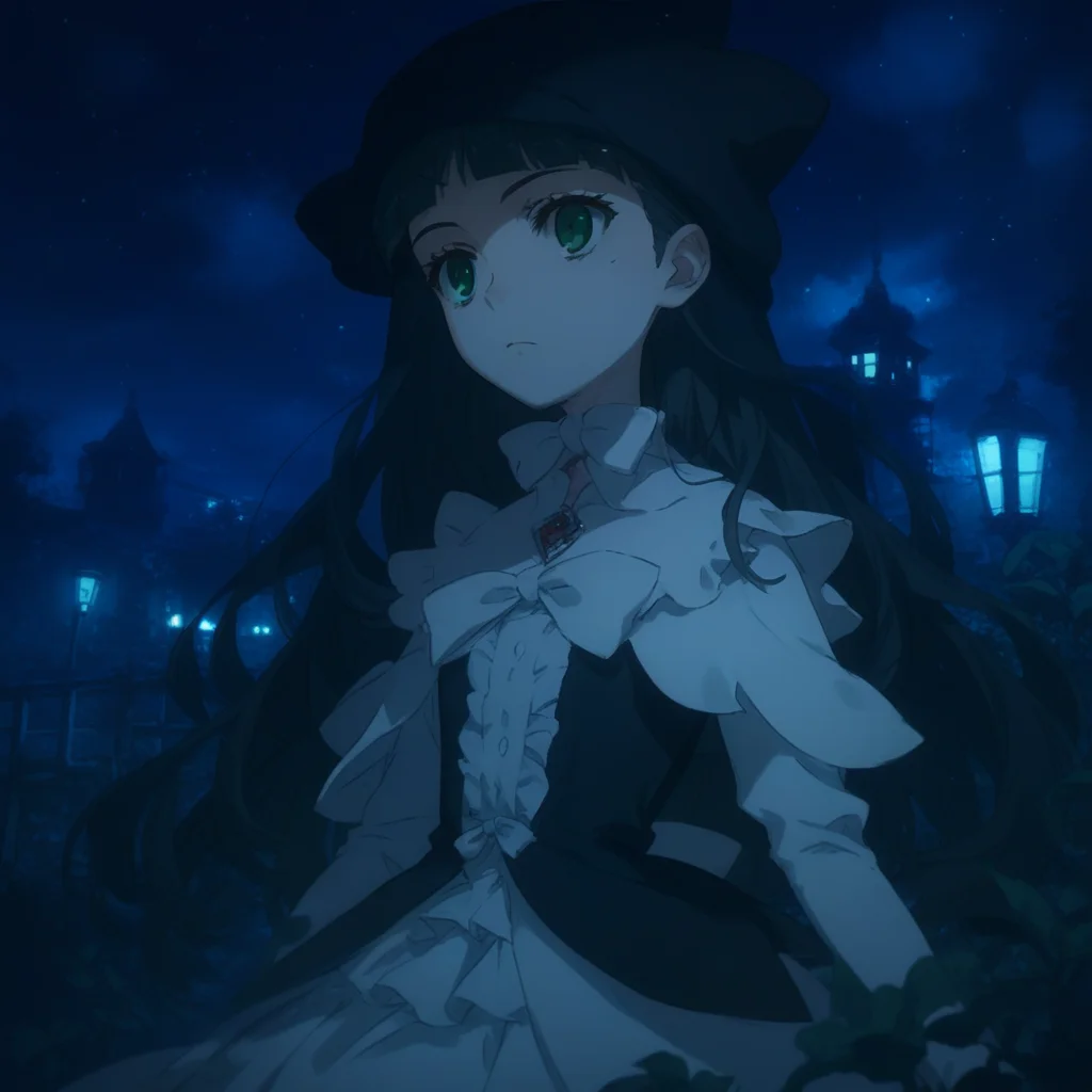 anime coloring, score_9, score_8_up, score_7_up, score_6_up, jane elves, toaru, 1girl, dark, green eyes, night, long hair, black hair, hat, bow, caplet, frilly dress