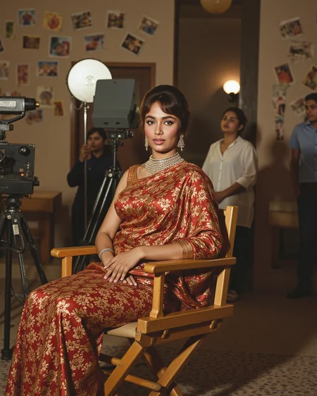 S4dh4n4 in a behind-the-scenes magazine shoot from the 1960s, sitting on a directorâs chair, vintage camera crew and lighting rigs in background, wearing a brocade sari with dramatic eye makeup, old magazine clippings on the wall, candid glamour look, warm toned film effect
<lora:s4dh4n4_Sadhana_Flux_Kohya_V1b_500Steps:1.0> <lora:aidmaRealisticSkin-FLUX-v0.1:0.4000000000000001>