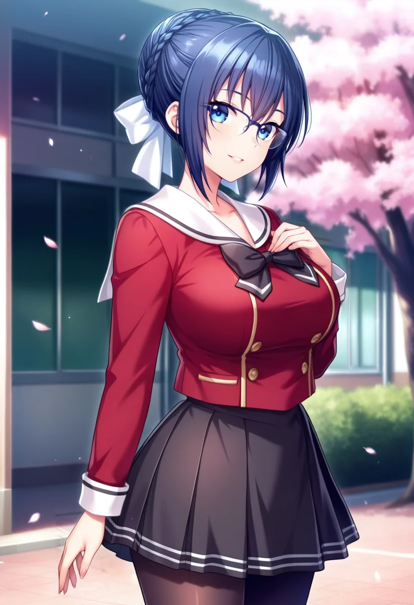 masterpiece, best quality, amazing quality,tsugumi kusakabe, blue eyes, short hair, blue hair, french braid, single hair bun, hair ribbon, 1girl, solo, breasts,glasses,black skirt,large breasts, pleated skirt,black bow,long sleeves, black pantyhose, school uniform, white sailor color, red jacket, parted lips, light smile, standing, looking at viewer, cowboy shot, blurry background, outdoors, school, cherry blossoms <lora:tsugumi kusakabeV1:0.8>