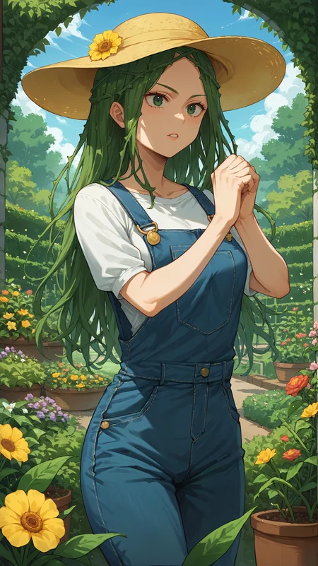 score_9,score_8_up,score_7_up,score_6_up, <lora:xl_more_art-full_v1:0.5>, source_anime, girl, dynamic pose, twirling pose, <lora:Ibara Shiozaki (Vine) - Pony:0.8>, long hair, green hair, vine hair, green eyes, gardening, garden, blue overalls, yellow sunhat, flower garden,