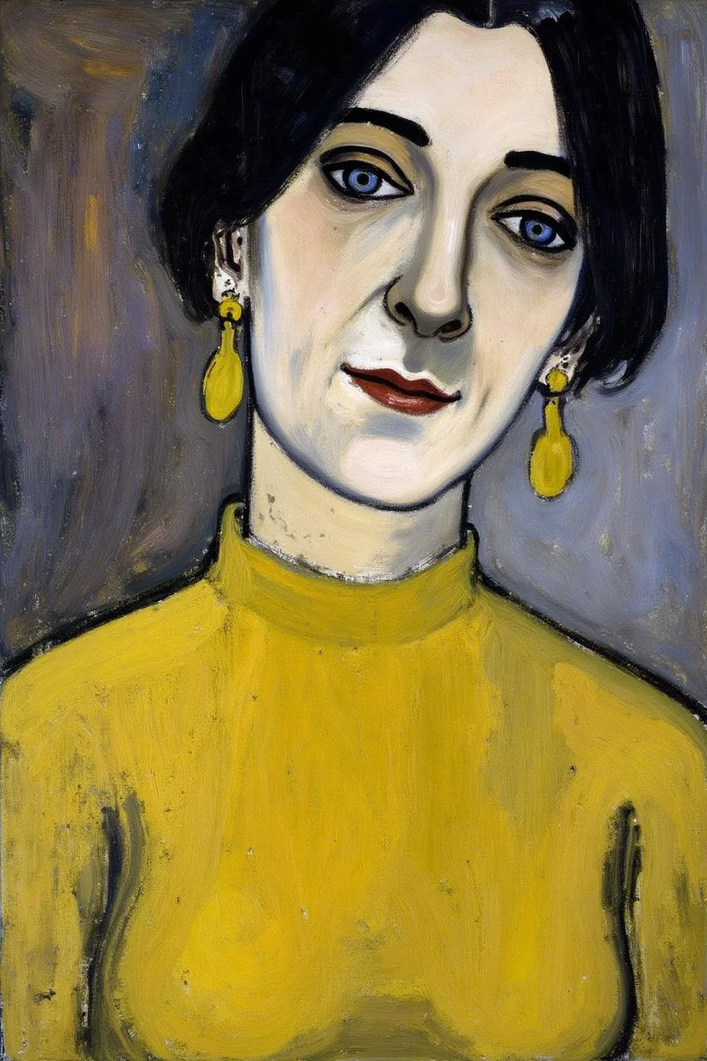 aliceneel1 painting.
A woman with a serene, contemplative expression is depicted with a long, slender nose, almond-shaped blue eyes, and a small, slightly downturned mouth. She wears a yellow garment and yellow earrings.
<lora:aliceneel1_cap_d6a3e12:1.0><lora:842442090043517845:0>