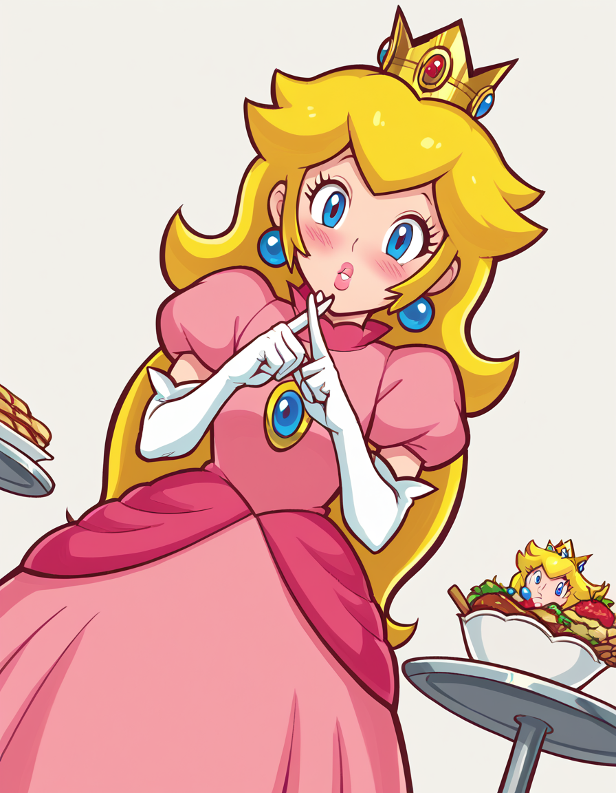 score_9, score_8_up, score_7_up, source_anime, <lora:super-princess-peach-ingame-ponyxl-lora-nochekaiser:1>, princess peach, blonde hair, blue eyes, long hair,, crown, dress, gem, gloves, pink dress, puffy short sleeves, puffy sleeves, short sleeves, white gloves,, cafeteria, tables, food trays, chairs, line, , <lora:x-fingers-ponyxl-lora-nochekaiser:1>, x fingers, blush, parted lips,, looking at viewer, solo,, dutch angle, cowboy shot