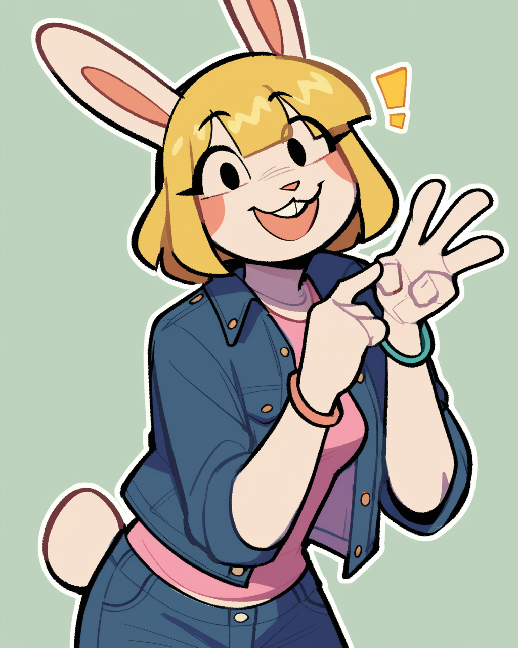 score_9_up, score_8_up, score_7_up, score_6_up, furry female, by remanedur, half-length portrait, restricted palette,  female, furry, rabbit, rabbit ears, black eyes, gesture,  leaning forward,  blue jean jacket, open jacket, shirt, bracelet, shorts, blonde hair, short hair, tail, medium breasts, looking at viewer, happy, head tilt, solo, three-quarter view, simple background, white outline, <lora:Leah_Pines(AIM)_XL_v1:0.15> <lora:PDXL_artist_tags_v2_big:0.5> <lora:The-Minuscule-Task_PDXL_v1.0:0.6>  <lora:Kami_Soto_pollenpvtch:0.7>