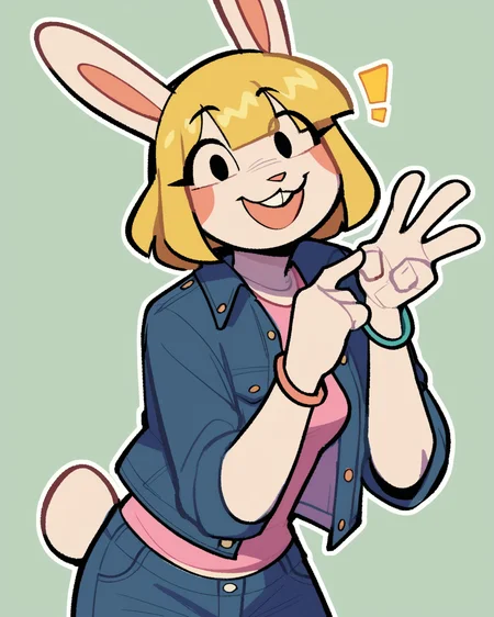 score_9_up, score_8_up, score_7_up, score_6_up, furry female, by remanedur, half-length portrait, restricted palette, female, furry, rabbit, rabbit ears, black eyes, gesture, leaning forward, blue jean jacket, open jacket, shirt, bracelet, shorts, blonde hair, short hair, tail, medium breasts, looking at viewer, happy, head tilt, solo, three-quarter view, simple background, white outline, <lora:Leah_Pines(AIM)_XL_v1:0.15> <lora:PDXL_artist_tags_v2_big:0.5> <lora:The-Minuscule-Task_PDXL_v1.0:0.6> <lora:Kami_Soto_pollenpvtch:0.7>