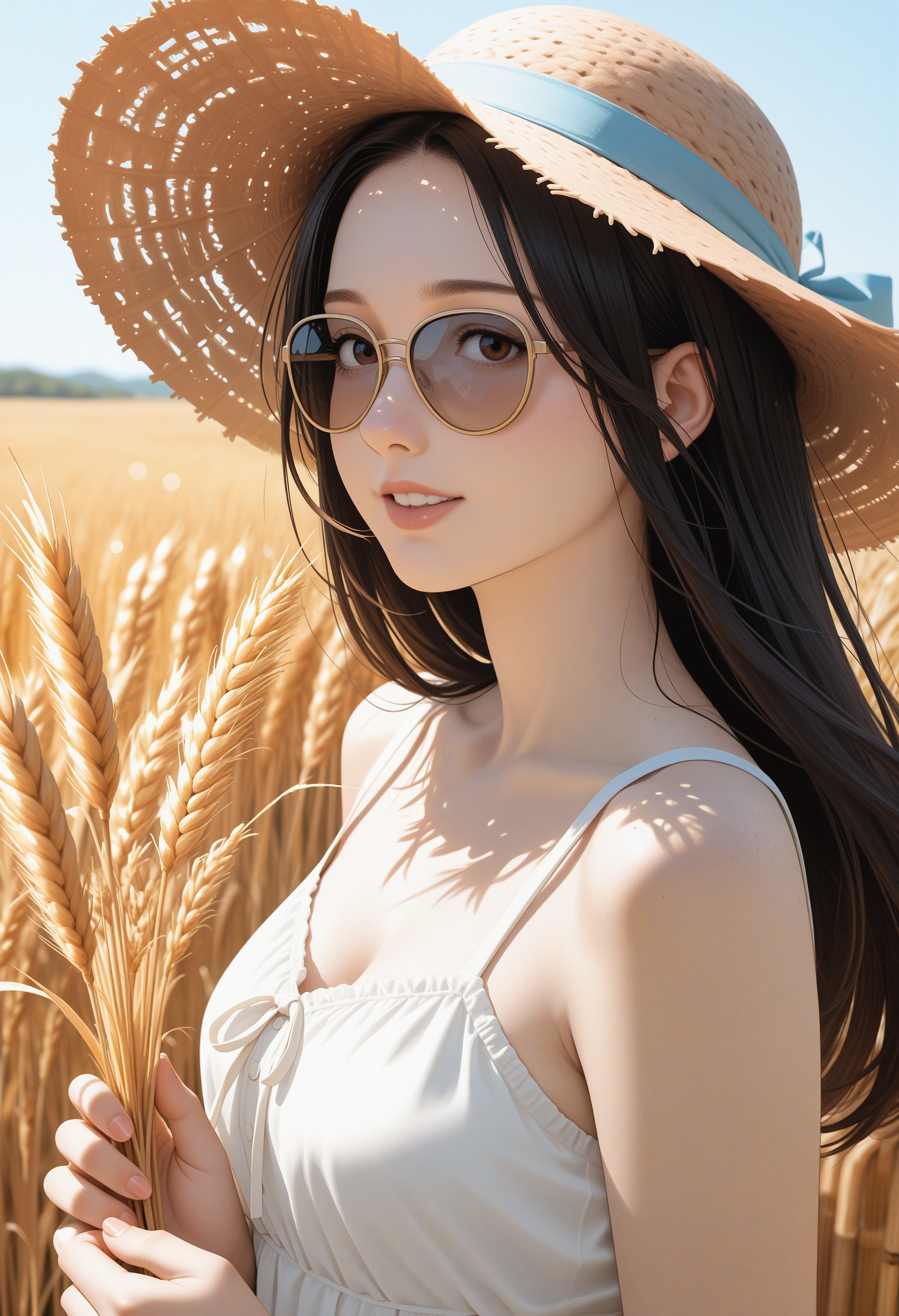 She walks through a field of golden wheat, the stalks swaying gently in the afternoon breeze. The sun is warm on her skin, and she lifts her face to the sky and smiles. She wears a simple, white sundress that flutters as she moves, and a straw hat shades her face, casting soft shadows. her hands lightly grazing the tops of the wheat. The distant sound of birds singing and the hum of insects fills the air, and she feels completely at peace in this idyllic countryside setting., upper body shot,close-up
