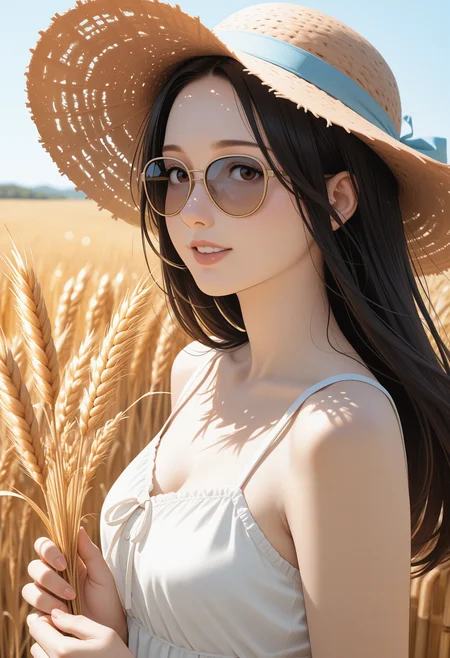 She walks through a field of golden wheat, the stalks swaying gently in the afternoon breeze. The sun is warm on her skin, and she lifts her face to the sky and smiles. She wears a simple, white sundress that flutters as she moves, and a straw hat shades her face, casting soft shadows. her hands lightly grazing the tops of the wheat. The distant sound of birds singing and the hum of insects fills the air, and she feels completely at peace in this idyllic countryside setting., upper body shot,close-up