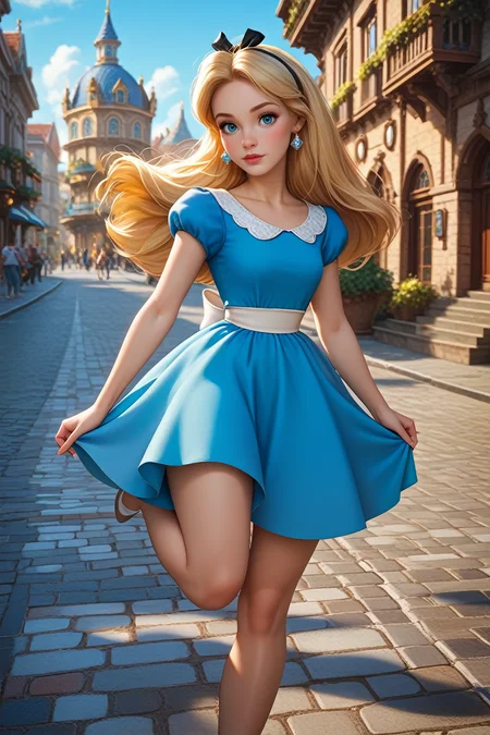score_9, score_8_up, score_7_up,
<lora:DisneyAlice:0.8>
DisneyAlice, 1girl, blonde hair, blue eyes, long hair, hairband, looking at viewer, posing on a cobblestone street, one foot on the ground, other leg bent slightly, European city architecture in the background, warm evening glow, stylish and urban atmosphere