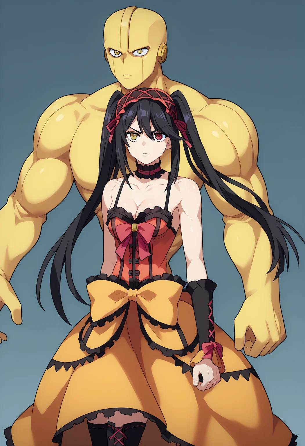 score_9, score_8_up, score_7_up, source_anime,
BREAK
<lora:shiKurumiV2:1> kurdef, long hair, black hair, twintails, red eyes, yellow eyes, clock eyes, heterochromia, hairband, bare shoulders, detached sleeves, choker, red dress, cleavage, bow, black thighhighs, lace-up boots,
looking at viewer,
BREAK
<lora:shiJojoStandV2:1.1>, shijojostand, stand \(jojo\), 1other,
multiple boys, yellow jacket, yellow pants, muscular male,