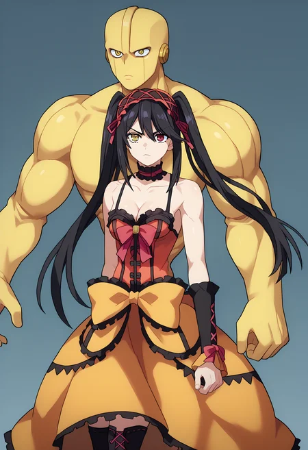 score_9, score_8_up, score_7_up, source_anime,
BREAK
<lora:shiKurumiV2:1> kurdef, long hair, black hair, twintails, red eyes, yellow eyes, clock eyes, heterochromia, hairband, bare shoulders, detached sleeves, choker, red dress, cleavage, bow, black thighhighs, lace-up boots,
looking at viewer,
BREAK
<lora:shiJojoStandV2:1.1>, shijojostand, stand \(jojo\), 1other,
multiple boys, yellow jacket, yellow pants, muscular male,