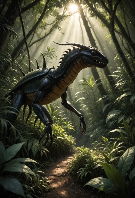 rating_safe,
huge
arthropod
hybrid lifeform,
short,
iridescent scales
,black eyes
,exoskeleton
,short horns
,
chimaera
,source_furry,
lush jungle,
prancing,
backlit, chiaroscuro,golden hour,
detailed realistic photo <lora:zavy-cntrst-sdxl:0.7>