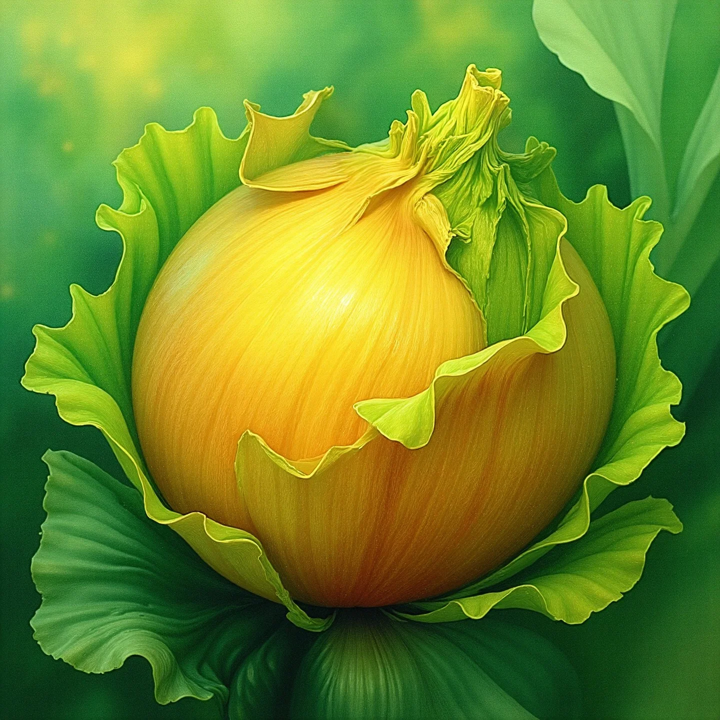 <lora:Florate Flux_v2_epoch_3:0.9> A surrealist painting of sienna and caribbean green plain organic geometric onion, with ruffled winding jade edges