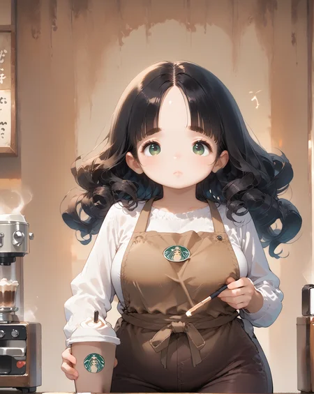 score_9, score_8_up, score_7_up, score_6_up, source_anime, rating_safe, ah1, 1girl, (curly hair), long hair, (black hair), mature female, (parted hair:1.7), (round face), (no_bangs:1.3), (no_fringe:1.6), looking at viewer, (thick eyebrows), (curvy), round-chin, (greenish hazel eyes), caucasian, (downturned eyes), <lora:ETO_OCPonyXL:0.5> eto_oc, plump, thick thighs, wide hips, busty, voluptuous, kinky curls, lips, bad-hands-5, (melancholic musician, always seen with an old guitar a sad tune always playing in the background), (stylish barista, wearing a name tag, carrying a tray of coffee cups, a pair of fingerless gloves, stylish hat, vintage barista shirt, tailored trousers, leather apron, clogs), in cafe, at morning, ((Sorrowful, Feeling or showing grief expression)), <lora:venus body PonyXL:0.8>, <lora:xl_more_art-full_v1:0.4>, <lora:shinyskin2:0.3> glistening skin, <lora:aesthetic_anime_v1s:0.4>, <lora:Expressive_H:0.4> Expressiveh, <lora:hairdetailpxl:0.4> hairdetailpxl, <lora:EpicF4nta5yXL:0.4>, <lora:detailxl:0.4> detailxl, <lora:Fant5yP0ny:0.4>, best quality, amazing quality, best aesthetic, absurdres, <lora:expressive eyes:0.4> expressive eyes, (Dutch Angle view Distance shot), <lora:eyedetailpxl:0.4> eyedetailpxl,