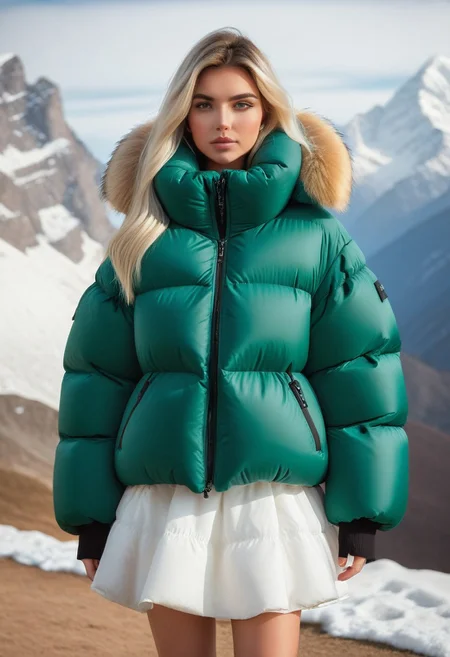 ((((sherpa puffer padded jacket)))), ((((sharpa puffer padded coat)))), ((((puffer skirt)))), ((((cowboy shot)))), ((((from back)))), standing, winter, snow, mountains, 1girl, solo, (masterpiece), (detailed face, detailed eyes), (beautiful detailed eyes:1.5), sidelighting, (super detail, hyper detail, intricate_details, detailed), looking at viewer, (semi realistic:1.6), very detailed face, (Blonde hair), (white hair), absurdly long hair, hair between eyes, (straight hair), (green eyes), put your hair behind your ears, eyelashs, eyeliner, (eye shadow:0.5), wet hair, sweat, white skin, Angry face, (blush), padded cuffs, padded collar, Thick padded cuffs, Thick padded collar, <lora:Collar-SDXL:0.6>, <lora:Cuffs-SDXL:0.6>, <lora:Puffer_Jacket_and_Down_Jacket_-_Extra_Puffy_Jackets:0.6>, <lora:puffer_skirt_v1:0.6>