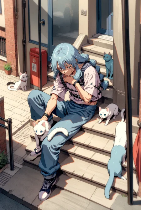 1boy, male focus, mahito \(jujutsu kaisen\), jujutsu kaisen , (90s anime style:1.5), front view, outdoors, street view, (looking down:1.3), perfecteyes, isometric, sitting on stairs, shirt, denim shorts, 1 white cat sitting next to them, petting the cat <lora:detailed_notrigger:1> <lora:ParchartXL_CODA:0.2> <lora:Isometric Cutaway:1> <lora:PerfectEyesXL:1> <lora:ral-drptpl:0.1> <lora:FILM_PHOTOGRAPHY_STYLE:0.6> <lora:Surreal Harmony:0.2>