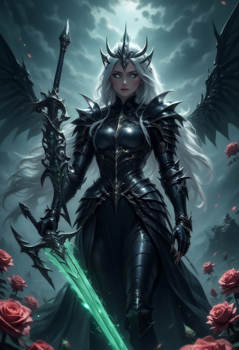 ral-18thlxry,Amidst the opulent court of a queen, one knight stands out. Clad in blackened silver plate armor, polished to a mirror sheen, she is known as the Iron Rose, the queen's most trusted protector. Her helmet, adorned with a single, exquisite rose crafted from iron, never leaves her side, a symbol of her unwavering loyalty and the iron will that lies beneath her stoic exterior.,black face shield, holding a shield formd as a rose, holding a black pattern sword