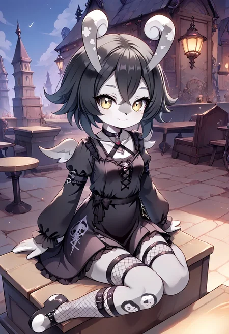 score_9, score_8_up, 1girl, melusine, curly ears, wings, gray skin, Dress, tied belts, goth hair style, sitting on a tombstone, cute smile, Goth girl, long lied hair, ornamented hair, long fishnet sock