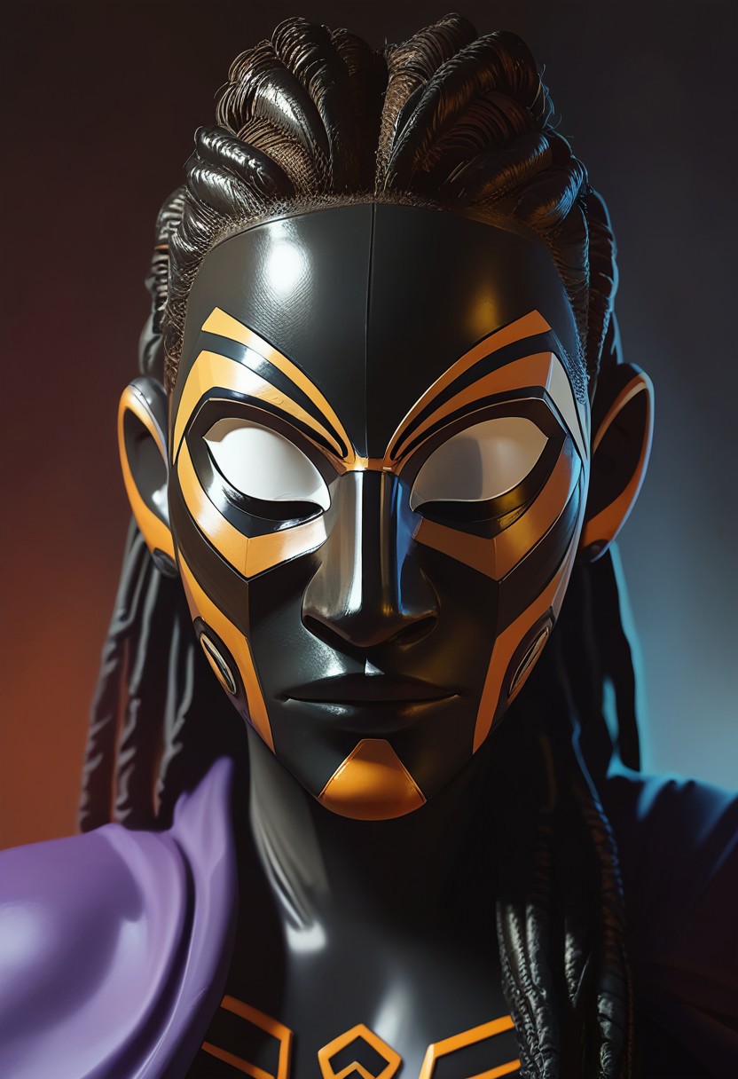 score_9, score_8_up, score_7_up, score_6_up, score_5_up, 1girl, African, Africanmask,
modern  mask, 
BlackPanther, Shuri, Marvel, white eyes, no pupils, black bodysuit, bodysuit, black gloves, black boots, mask, black mask, covered face, no mouth, large breasts, perky breasts, 
BP_shuri, upper body, face focus, close up, dreadlocks, bun, purple cape,