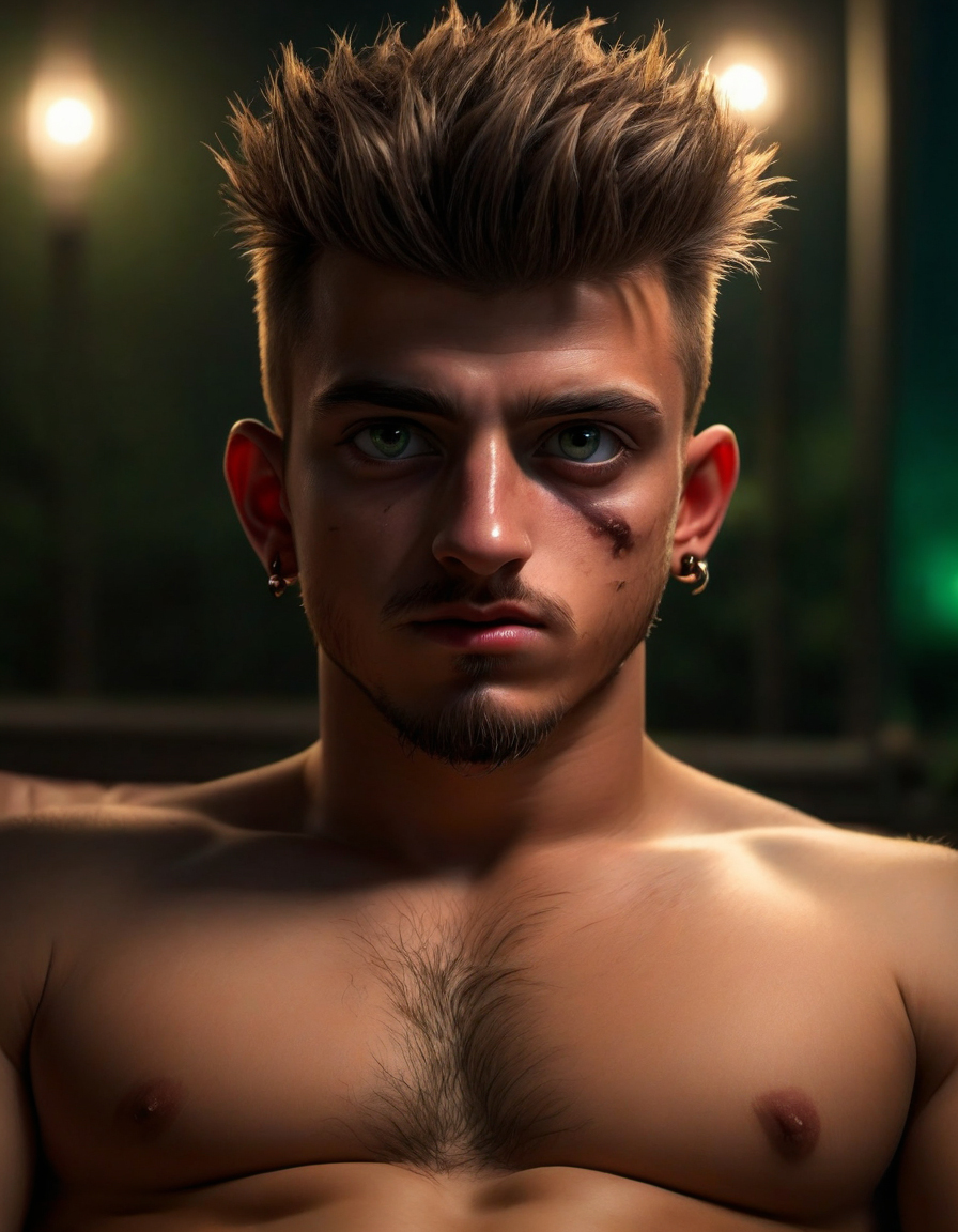 <lora:Smooth_skin_man:.5> photo of a (young)  young man, ((young face)), (eye scar:1.2), patchy beard, muscular, green eyes, eyeshadow, nose piercing, goatee, fauxhawk, angry expression, lying back, body, huge penis and testicles, (night), looking at viewer, nude, innocent face, high detail, realistic, high detail, 8k, (Masterpiece, high quality:1.3), masterpiece, depth of field, bokeh, detailed, homoerotic, (homoerotic), highly detailed, sharp focus, intricate, smooth, elegant, fantasy, cinematic lighting, cinematic, masterpiece, matte, photorealistic, 4k, beautiful, volumetric lighting, dramatic,