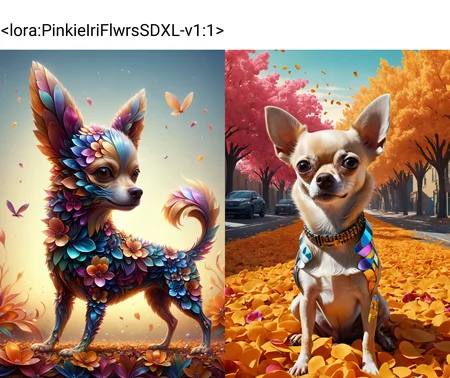 (by Tristan Eaton:1.2) and (Edvard Munch:1.2), Raw digital photo, (Chihuahua:1.3), from inside The Elysian Fields, fall cityscape with Locust, Fantasy, Cryptidcore, natural lighting, Sony A7, atmospheric perspective, hyperdetailed, scene, made out of iridescent flower petals, <lora:PinkieIriFlwrsSDXL-v1:1>, p1nk1r1fl0wers,