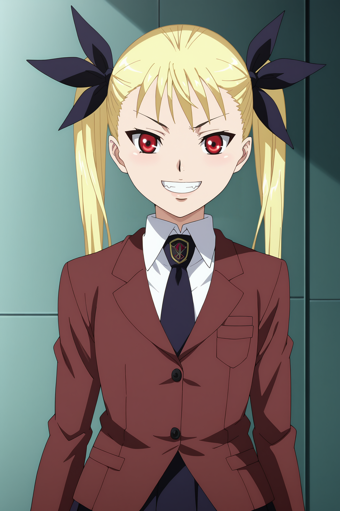 score_9, score_8_up, score_7_up, source anime, prefect lighting, very aesthetic, BREAK, anime screencap, anime coloring,
<lora:mina_tepes_v1:1>, 1girl, mina tepes, dance in the vampire bund, blonde hair, red eyes, flat chest, twintails, hair ribbon, school uniform, necktie, skirt, brown blazer, 
BREAK, looking at viewer, evil grin, 
BREAK,