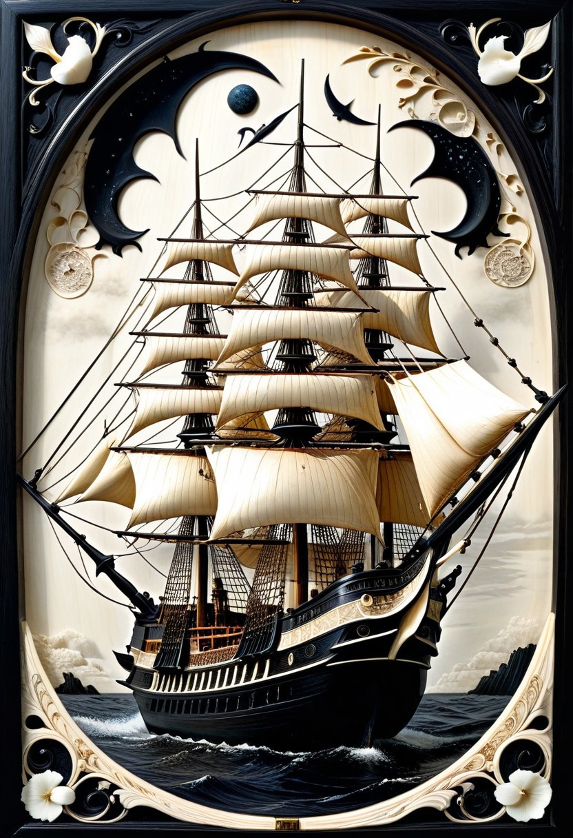masterpiece, best quality, absurdres, no humans, ship of the line, made out of, ebony, ivory, scrimshaw, bone carving, sailing ship