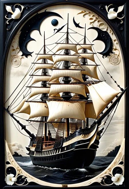 masterpiece, best quality, absurdres, no humans, ship of the line, made out of, ebony, ivory, scrimshaw, bone carving, sailing ship