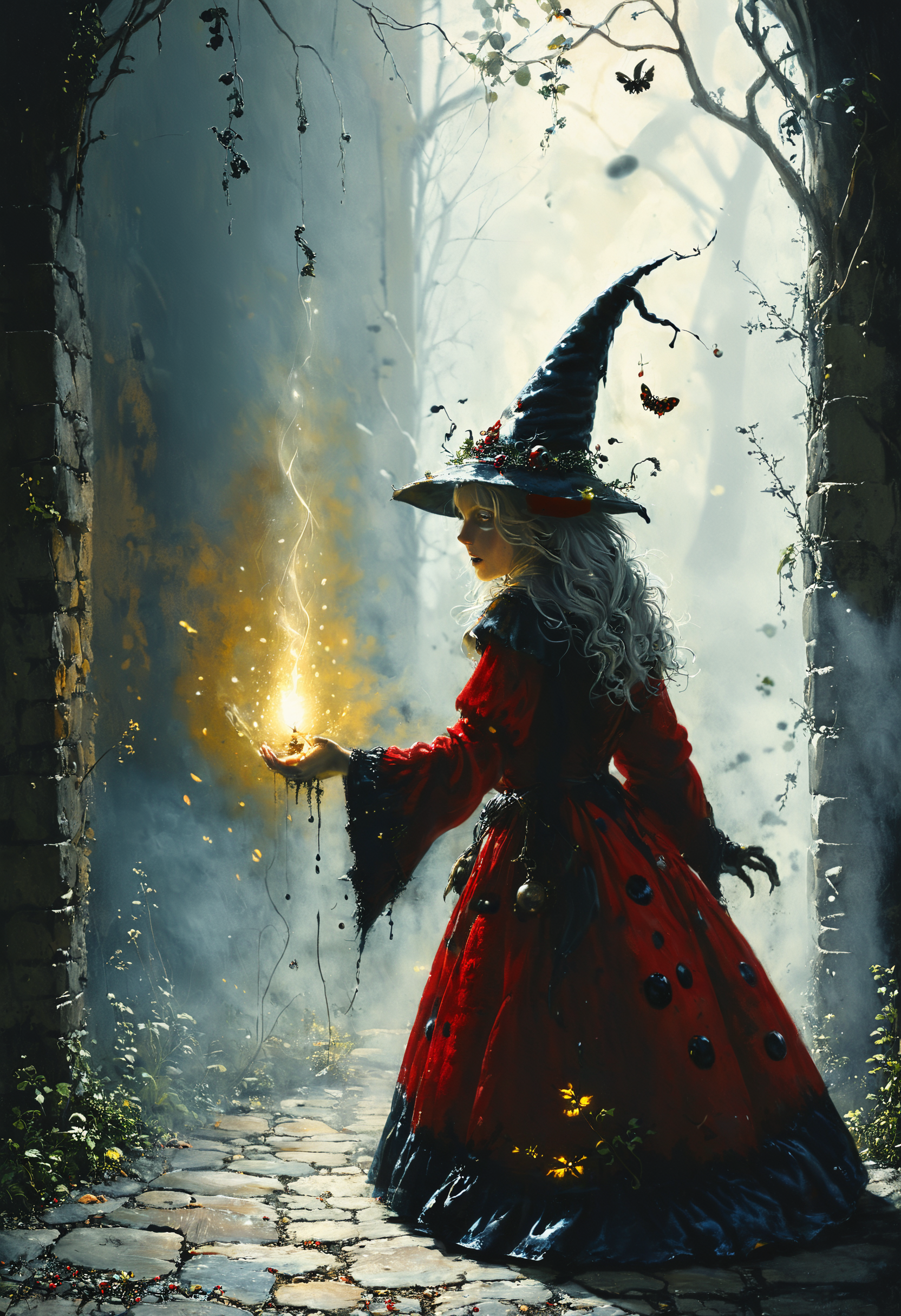 anthropomorphic Ladybug witch casting a spell, <lora:The_Horror_Style:0.8>, <lora:great_lighting:0.8> great lighting, Back lighting, <lora:fracolor:0.7> fracolor,  <lora:hkmagicV2:0.8> hkmagic