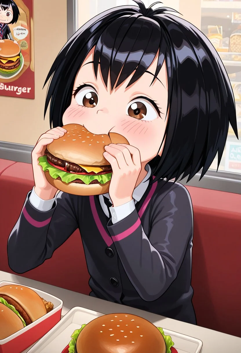masterpiece,best quality,amazing quality,flat chest,shortstack,short female,
chibi, pen1_parker, black hair, short hair, brown eyes,BREAK,,an drawing of a girl is holding a burger, 1girl, cute, perfect face,burger, food, eating, holding food,half eaten food,upper body, jacket, looking at viewer, blush, lettuce, long sleeves, short hair,in burger shop